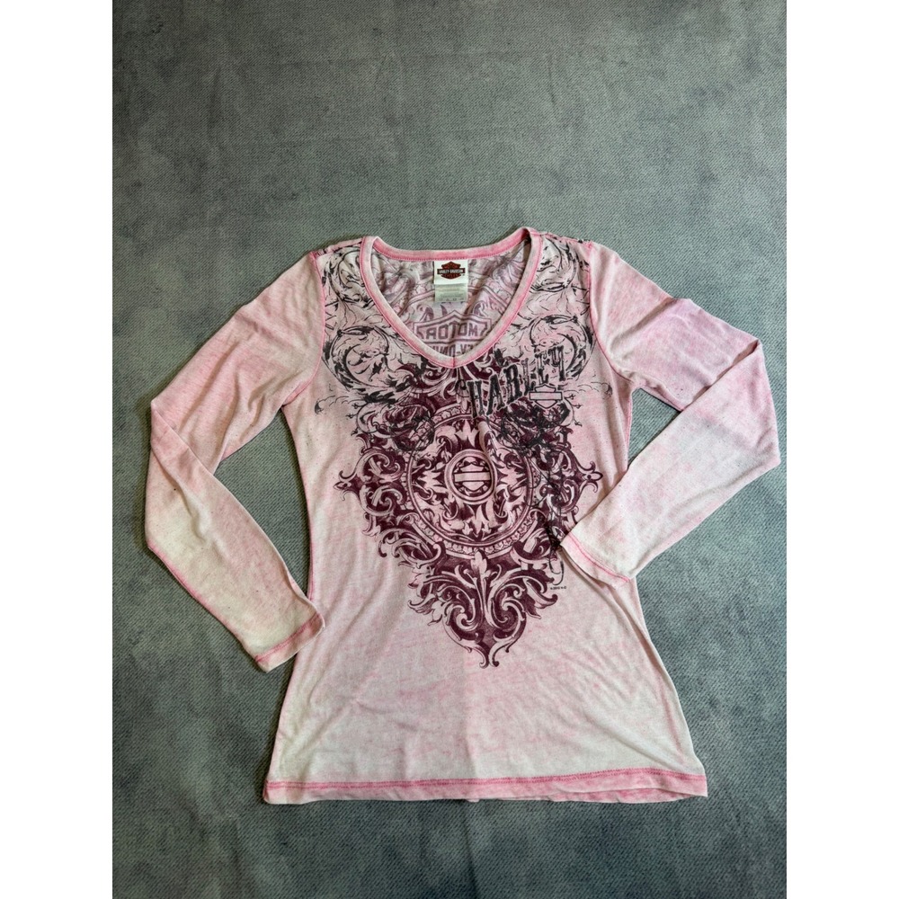 Harley-Davidson Womens acid Wash Filigree Graphic V-Neck Long Sleeve Shirt S